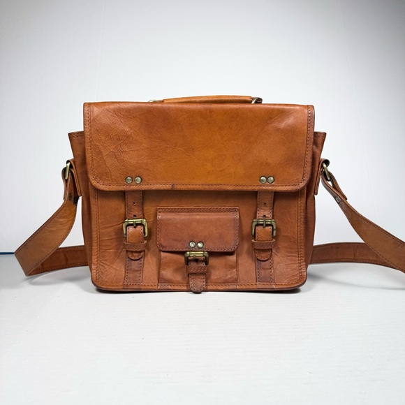 Vintage Handbags - Vintage Distressed Cognac Leather Satchel Messenger Work Bag Laptop Brown